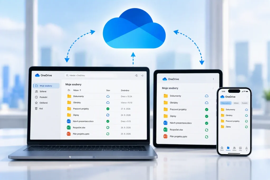Notebook, tablet a mobil se stejnými soubory v OneDrivu, propojené šipkami synchronizace s cloudem